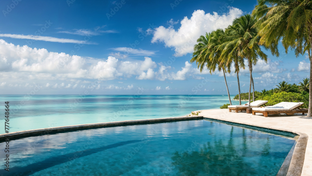 Luxurious infinity Pool Overlooking Serene Ocean Beach. Luxury panoramic sea view.