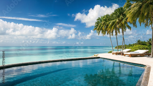 Luxurious infinity Pool Overlooking Serene Ocean Beach. Luxury panoramic sea view. © Sea Wave