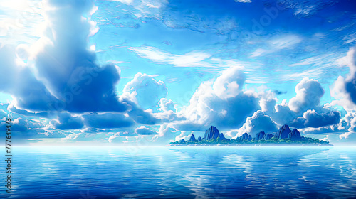 A beautiful blue sky with clouds and a calm ocean