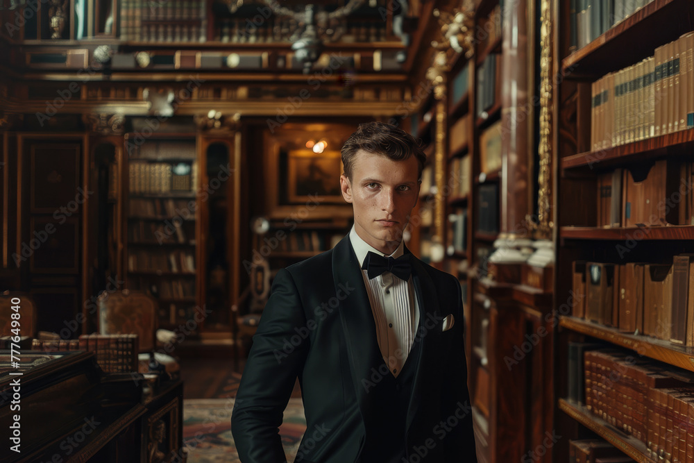 A man in a tuxedo stands in front of a library with many books