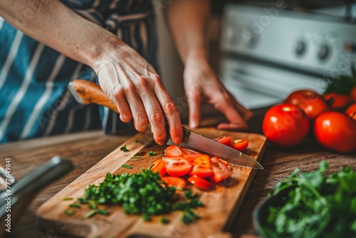 Person chopping fresh tomatoes and herbs on a wooden board in the kitchen