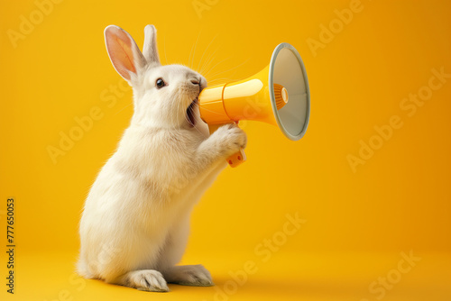 A  cute easter bunny with a megaphone. Promotion, action, holiday, ad. Business discount concept, communication, information, news. Generative AI