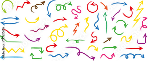 Set of simple hand drawn arrows . Set vector hand drawn arrows mark icons . Colorful simple pointer arrows collection . Simple colored arrow collection. Vector hand drawn arrow mark vector 
