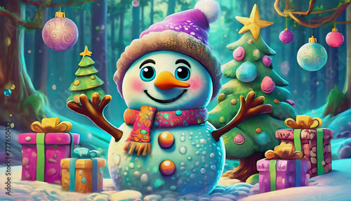 oil paintig style Cartoon character snowman with christmas tree and gifts 3d illustration for children photo