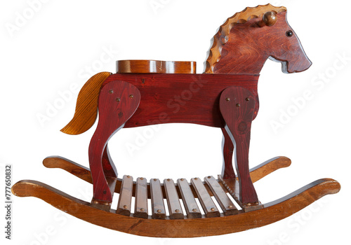 Isolated toy rocking wooden horse on a transparent background png; vintage grandfather's handmade toy for his grandchildren 