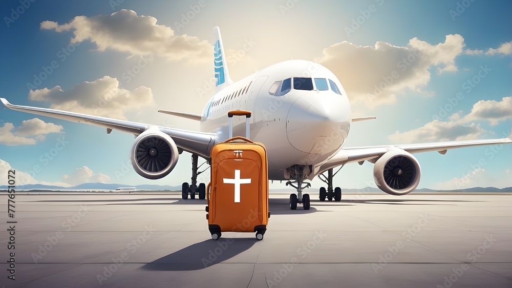A plane carrying bags and a Christian symbol on the runway of the airport. Christian concept of travel and tourism. A plane carrying bags and a Christian symbol on the runway of the airport. Christian concept of travel and tourism.