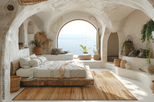 A modern boho style interior design of an airbnb bedroom in C bushes, located on the cliff with ocean view and arched windows. Created with Ai © Digital Canvas