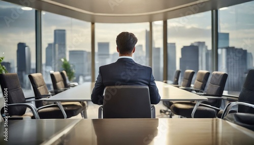 A man in suit sitting on an office chair facing the whole boardroom with a view of the city skyline