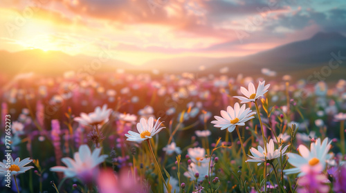 Landscape of blooming field of daisies on mountains background at sunset