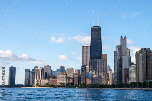 Chicago skyline at sunny summer day from Lake Michigan, Chicago, Illinois, USA.
