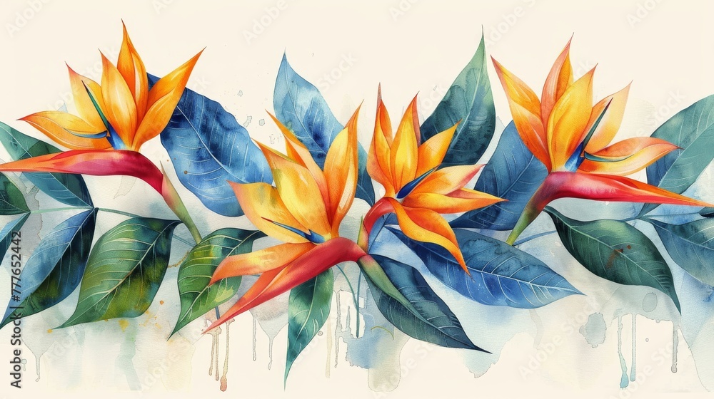 In watercolor, an exotic tropical flower called a strelitzia is shown on a white background.
