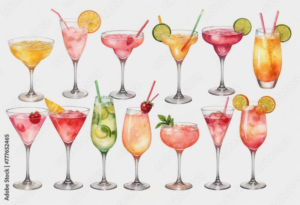 light pink array of cute watercolor clipart of different types and colors of cocktail glasses with different types of drinks in them such as a wine glass, champagne bottle, martini cup, mimosa, and ma light pink array of cute watercolor clipart of different types and colors of cocktail glasses with different types of drinks in them such as a wine glass, champagne bottle, martini cup, mimosa, and ma