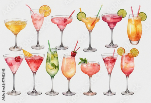 light pink array of cute watercolor clipart of different types and colors of cocktail glasses with different types of drinks in them such as a wine glass, champagne bottle, martini cup, mimosa, and ma