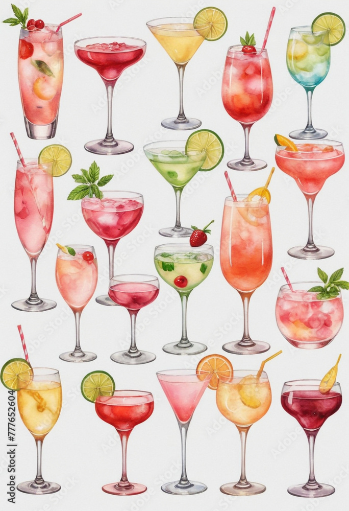 light pink array of cute watercolor clipart of different types and colors of cocktail glasses with different types of drinks in them such as a wine glass, champagne bottle, martini cup, mimosa, and ma