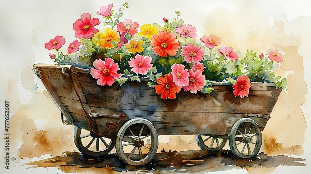 Wheelbarrow with flowers. Cute watercolor card.