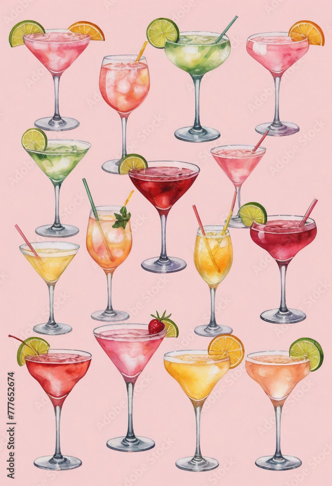light pink array of cute watercolor clipart of different types and colors of cocktail glasses with different types of drinks in them such as a wine glass, champagne bottle, martini cup, mimosa, and ma light pink array of cute watercolor clipart of different types and colors of cocktail glasses with different types of drinks in them such as a wine glass, champagne bottle, martini cup, mimosa, and ma