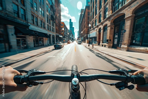 First-person view riding a bicycle in a vibrant city street photo