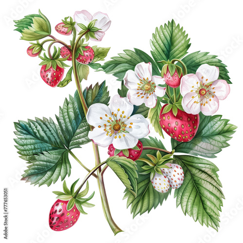 Strawberry, Fragaria vesca, Watercolor illustration © Betina