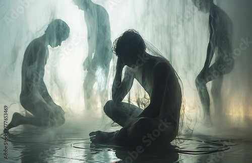 depressed schizophrenic victim of violence young male psychopath with mental disorders and hallucinations sits on floor with silhouettes of evil ghosts in room