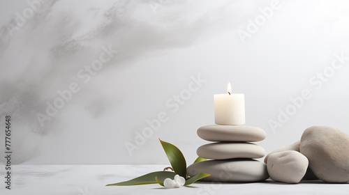 Spa Background: Spa Stone, Scented Candle, and Flowers.