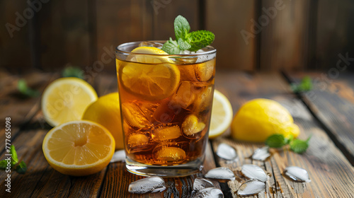 Iced tea with lemon and mint on a wooden background, A glass of refreshing iced tea adorned with slices of lemon and sprigs of mint