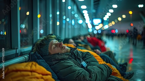 With flight delays stretching into the night, weary passengers resort to sleeping at the airpor photo
