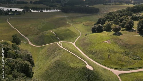 A drone is flying over the historical mounds in Kernave  photo