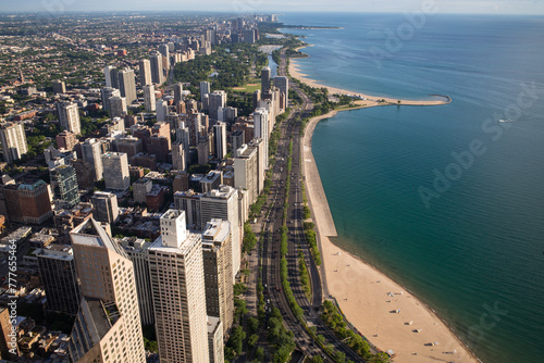 Fototapeta Naklejka Na Ścianę i Meble -  Chicago skyline aerial drone view from above, lake Michigan and city of Chicago downtown skyscrapers cityscape, Illinois, USA