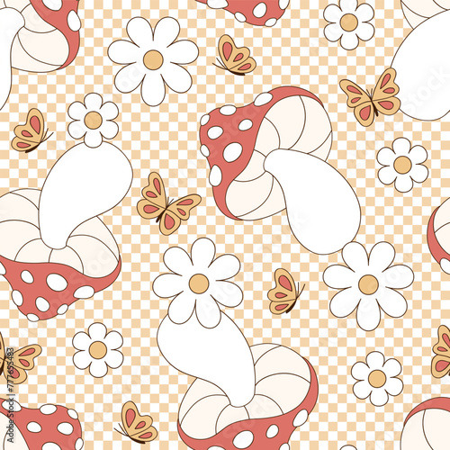 Retro groovy mushroom fly agaric with daisy flowers and butterfly on checkerboard vector seamless pattern. Hand drawn natural organic healthy food vegetables fruit floral background.