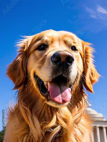 Golden Retriever, American monument in the background