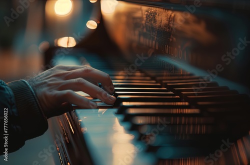 A person playing the piano, closeup of hands on keys, shallow depth of fi