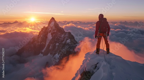 Man Standing on Snow-Covered Mountain Peak