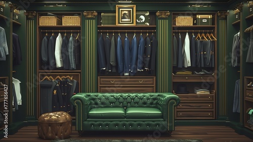 a visually stunning depiction of a sophisticated gentleman's wardrobe, complete with a green plush sofa and an assortment of luxurious suits using generative AI attractive look photo