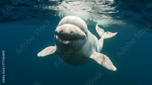 Graceful and Majestic: A Beluga Whale Swimming in a Friendly Manner. Concept Underwater Photography, Marine Life, Wildlife Portraits, Ocean Conservation © Ян Заболотний