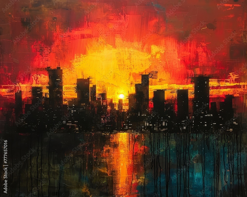 An abstract painting captures a city skyline at sunset, bathed in dramatic reds and oranges with reflections on water.