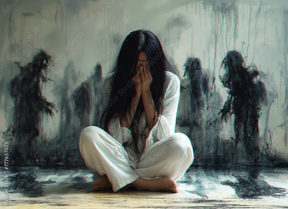 depressed crying victim of violence young woman with mental disorders sits on floor against wall with silhouettes of evil ghosts - obrazy, fototapety, plakaty 