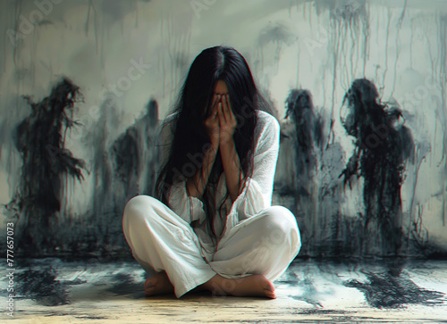 depressed crying victim of violence young woman with mental disorders sits on floor against wall with silhouettes of evil ghosts