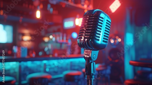 a vivid visual representation using AI, showcasing a metallic microphone set against a blurred background in a bar attractive look photo