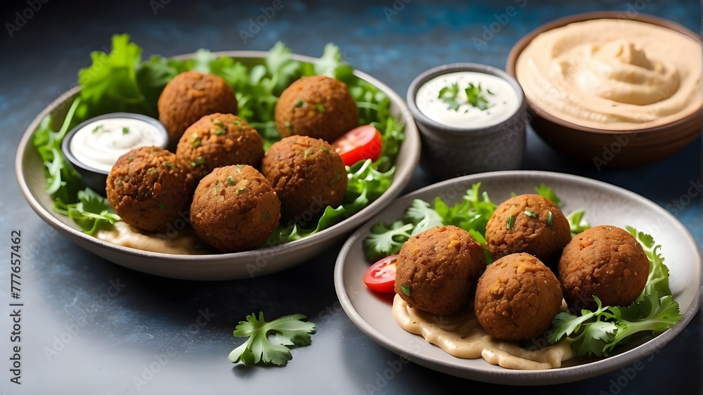 freshly prepared falafel served with yoghurt and hummus. View from a high angle with copy space freshly prepared falafel served with yoghurt and hummus. View from a high angle with copy space