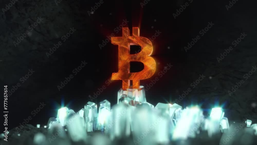 Stylized 3D Bitcoin logo in a cave laid like treasure on crystals - Ultra HD animation Stylized 3D Bitcoin logo in a cave laid like treasure on crystals - Ultra HD animation