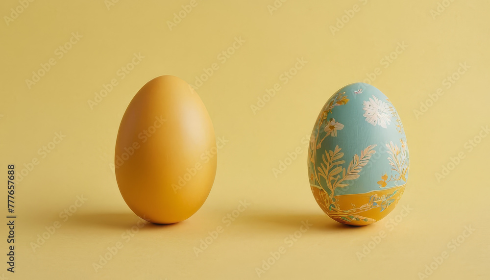 A yellow egg and a blue egg are positioned next to each other, showcasing vibrant colors. A yellow egg and a blue egg are positioned next to each other, showcasing vibrant colors.