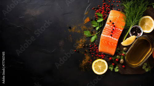Top view, copy space food banner of fresh salmon steak with herbs, lemon slices and fish spices on dark stone background