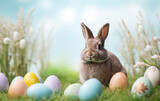 Rabbit Sitting Near Eggs in Grass