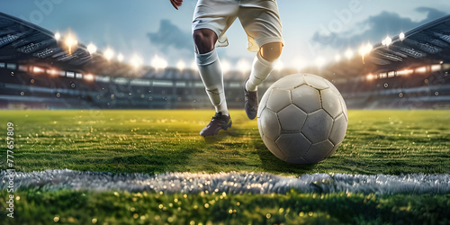 Soccer player with ball on green grass in stadium, Blurred background - Ai Generated