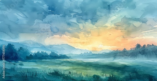 A tranquil watercolor painting captures the soft hues of dawn breaking over a misty, layered mountain landscape.
