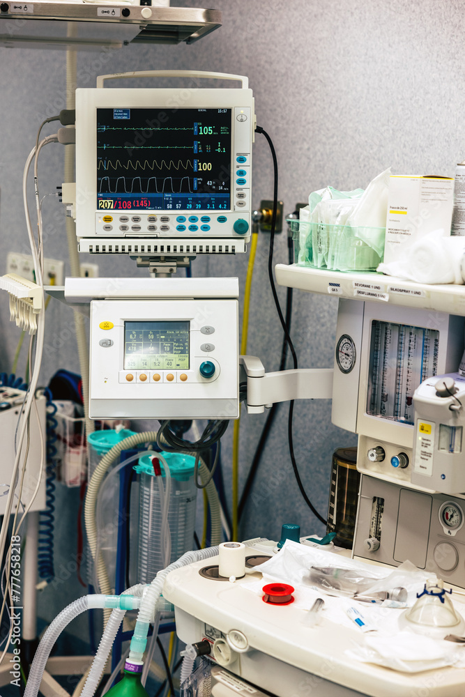 Medical equipment and monitors in a hospital operating room Medical equipment and monitors in a hospital operating room