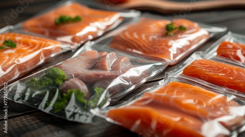 Raw salmon fillets in plastic bag on wooden table, closeup