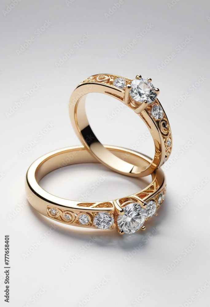 two delicate gold wedding rings with stones with a white background