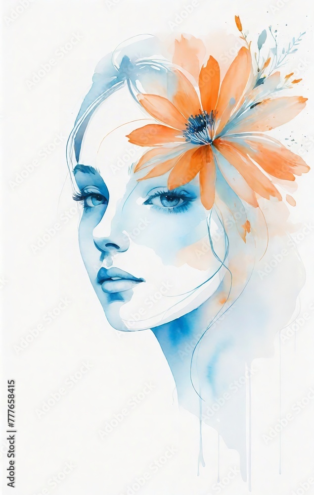 artistic watercolor painitng of women with flower