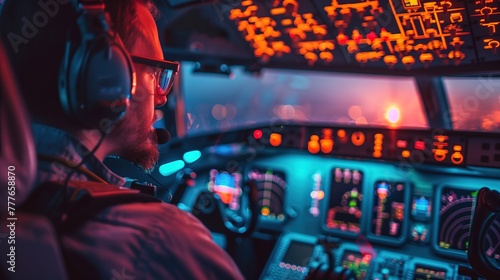 Pilot in Cockpit of Plane at Night